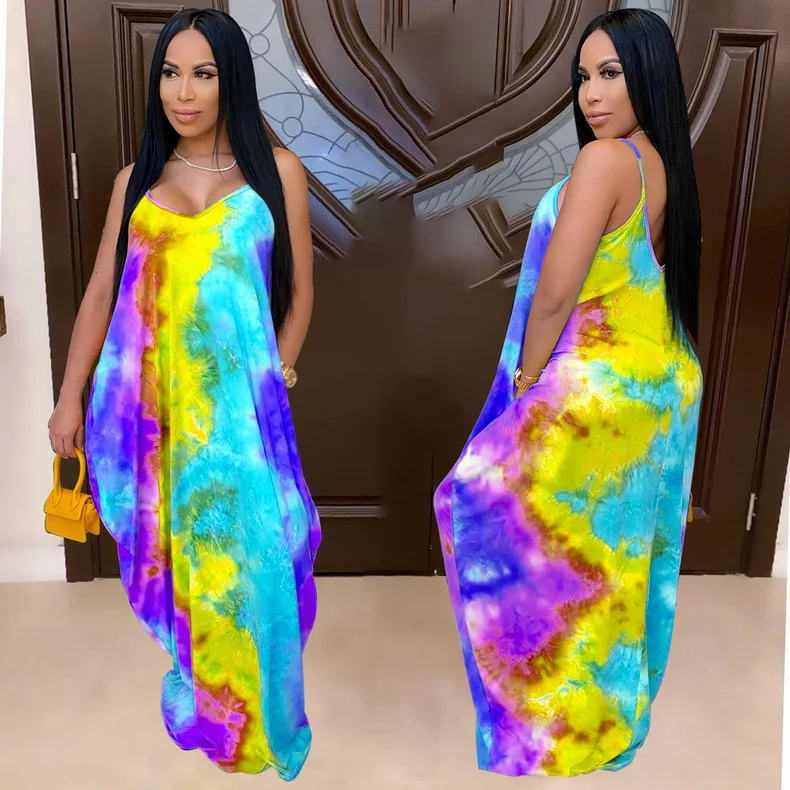 

Plus Size Maxi Dresses Casual Tie-Dye Long Dress Fashion Sexy Spaghetti Strap Women's Clothing Summer Backless Beach Style Wear