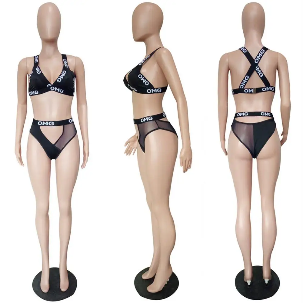 

Summer sexy letter printed swimwear two piece fashion fit deep V-neck sleeveless bra and shorts women's suit
