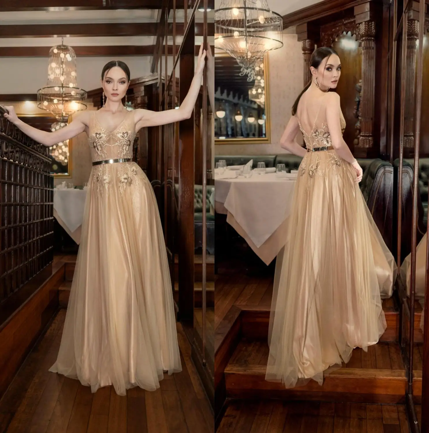 

Gold Long Cocktail Dresses 2020 V Neck Lace Apppliqued Sleeveless Prom Dress Evening Wear Custom Made Homecoming Gowns