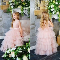 tiered tulle pink flower girls dress ankle length sleeveless princess kids prom dress ruffles long pageant gowns vestidos
