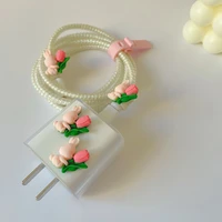 cute flower cable protector for iphone 11 12 13 data line tpu spiral winder charger data protective cover wire cord protector