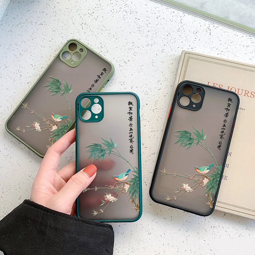 

Chinese Style Bamboo Leave Bird Iphone 13 12 XS 11 Pro Max Mini Case for Iphone 7 8 6 6s Plus SE2020 X XR Camera Protection Case