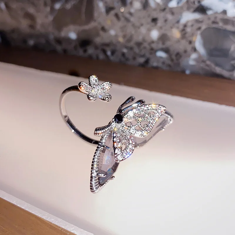 

TIMRONLY Delicate Flower Bowknot Ring Sparkly Rhinestones Open Rings for Women Female Statement Anniversary Gifts Jewellery