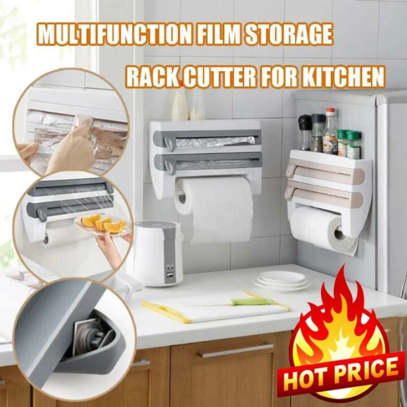

Multifunction Film Storage Rack Plastic Cling Wrap Foil Dispenser Wall-Mount Sauce Bottle Spice Holder Kitchen Film Cutter