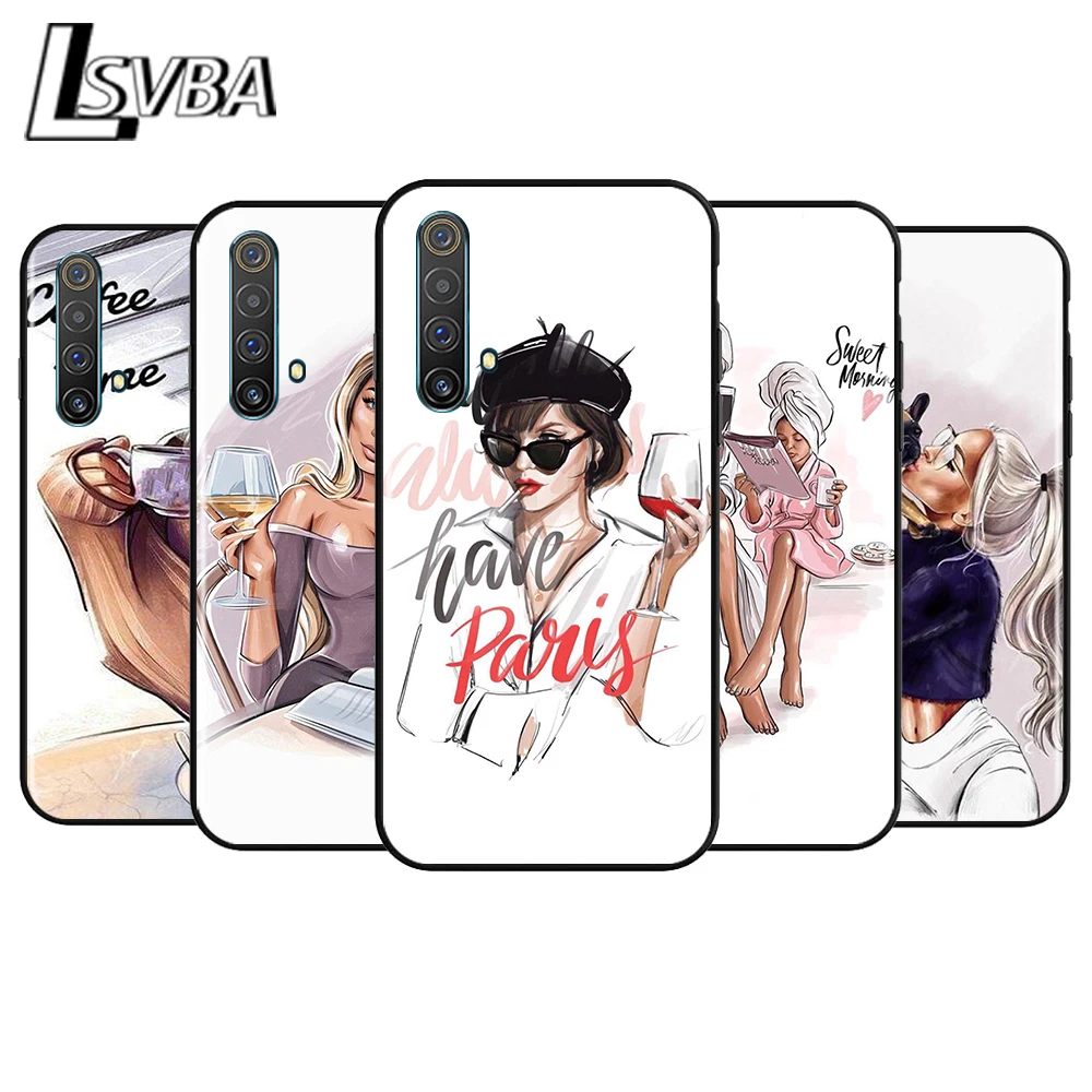 

Fashion Girl Coffee Shockproof Cover for OPPO Realme7 7i 6 5 3 2 Pro C1 C2 Black Phone Case Shell Soft Fundas Coque Capa