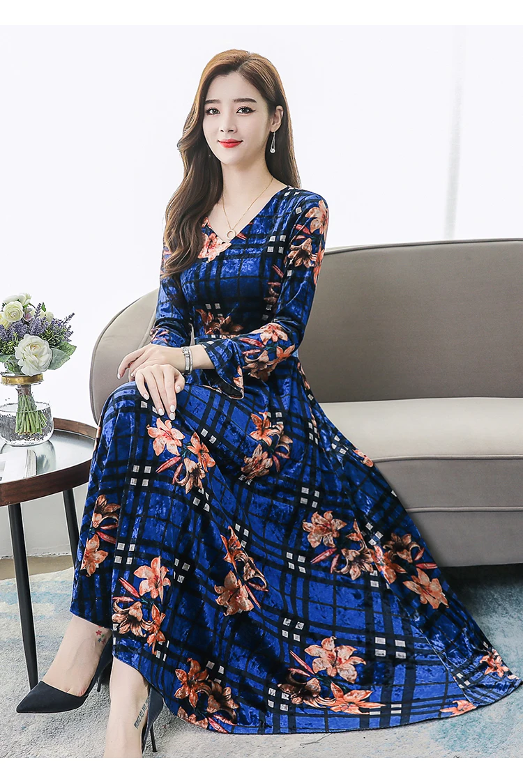 Vintage Floral Velvet Maxi Dresses Autumn Winter 3XL Plus Size Long Sleeve Midi Dress Elegant Women Bodycon Party Vestidos