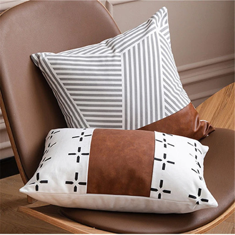 

Pu Leather Patchwork Brown White Cushion Cover Cotton Geometric Pillow Covers Decorative For Sofa Chair Bedroom 45x45cm/35x50cm