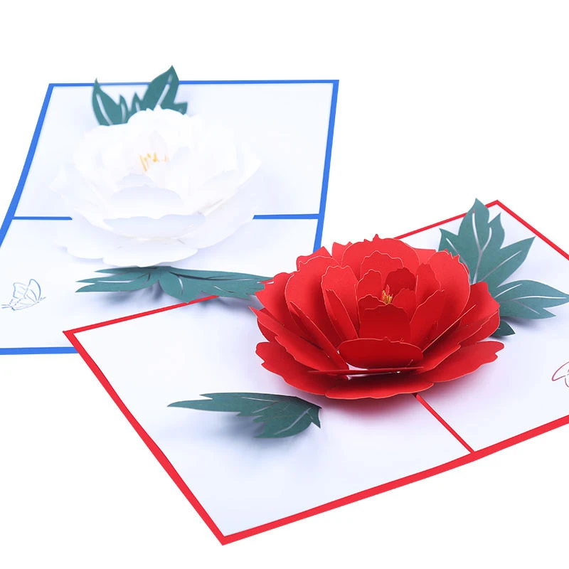 

10pcs Wholesale 3D Handmade Red White Peony Flower Paper Festival Blessing Greeting Card Mother's Day Thanksgiving Creative Gift