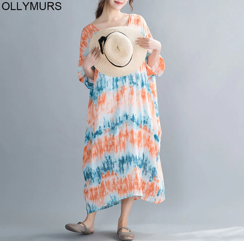 Лето 2020 новинка рукав &quotлетучая мышь&quot сарафан хлопок лен размера плюс Boho
