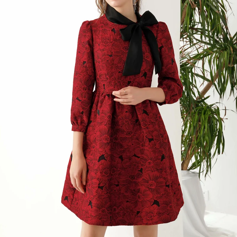 

2021 Spring New Retro Ethnic Style Bowknot Jacquard Flowers Long Sleeve Temperament Slim Dress High Quality Women'S Clothing