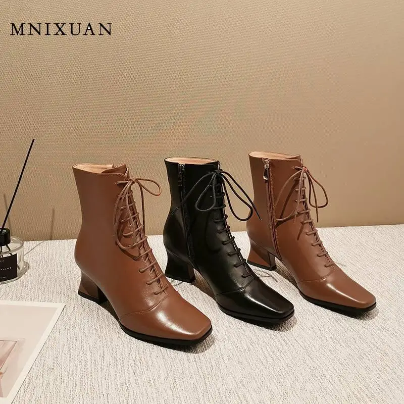 spesifikasi Mnixuan Buatan Tangan Musim Dingin 2019 Baru Asli Kulit Wanita Sepatu Semata Kaki Renda Blok Tumit Sepatu Pendek Martin Sepatu Bot Hitam Sepatu Bot