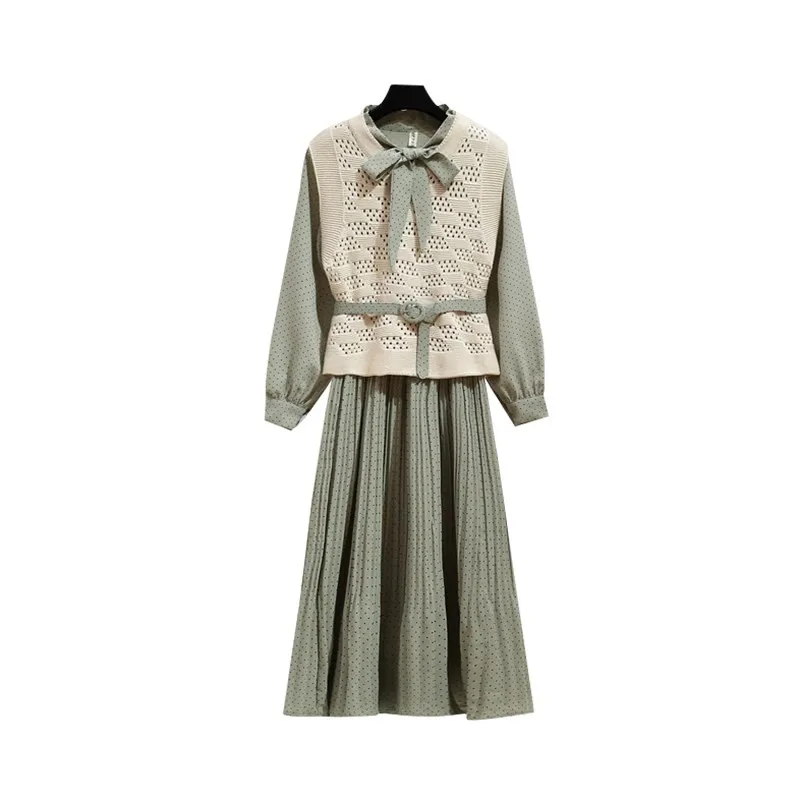 

Autumn Winter Knitted 2 Piece Set Women Chiffon Pastel Conjunto Feminino Ensemble Femme Year-old Femal Costume Two Piece Set