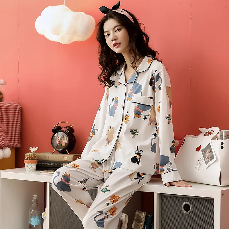 Женская пижама из чистого хлопка с длинным рукавом в Корейском стиле|Комплекты