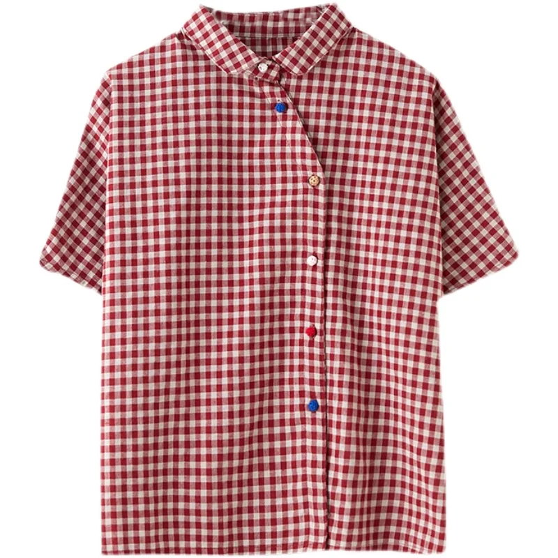 

Artistic Retro Cotton Linen Plaid Blouse Women's Summer New Loose Large Size Color Buckle Shirt Casual All-Matching Tops