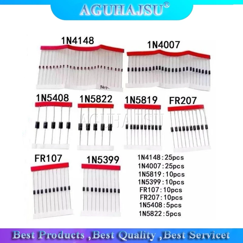 Комплект компонентов импульсных диодов 1N5399/1N5408/1N4148/1N4007/1N5819/1N5822/FR107/FR207 8 видов = 100