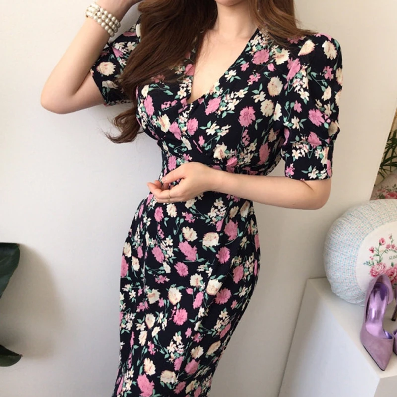 

Korean Chic Elegant Retro V-neck Full Screen Flower Slim Fit Slimming Short Sleeve Split Hip Chiffon Dress for Women