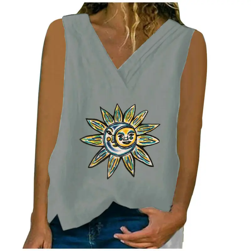 

Women Print Sleeveless V-neck Baggy Tank Top Vest Summer Casual Blouse T-shirts