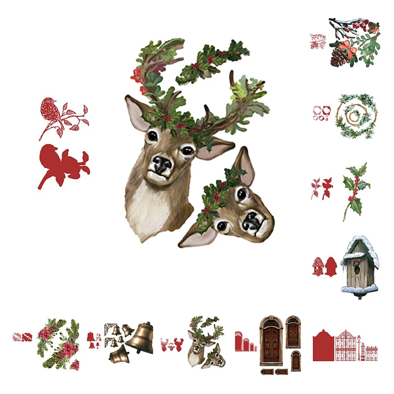 

Merry Christmas Animals Set Decor Flower Eindeer Cutting Dies Scrapbook Dariy Decoration Stencil Embossing Template Diy New 2021
