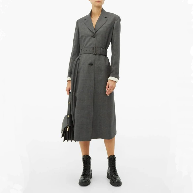 Серое пальто для женщин 2019 элегантное однобортное приталенное с отложным