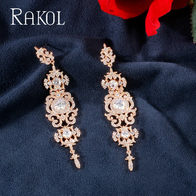 RAKOL Роскошные AAA кубический циркон цветочный узор длинные свадебные серьги для женщин девушка свадебное платье ювелирные изделия аксессуары RE62311K - Окраска металла: rose gold color