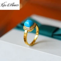 kissflower ri134 fine jewelry wholesale fashion woman girl birthday wedding gift vintage turquoise 24kt gold resizable ring