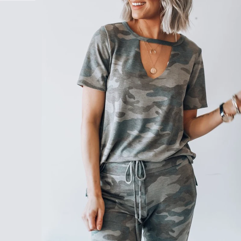 Женский спортивный костюм из 2 предметов зеленый Камуфляжный топ и брюки