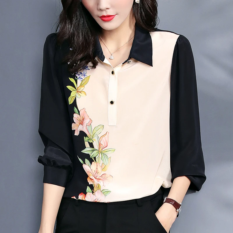 

100% Natural Real Silk Women's Casual Shirt Elegant Turn-down Collar Long Sleeve Floral Print Blouses Spring Summer Lady Blouse