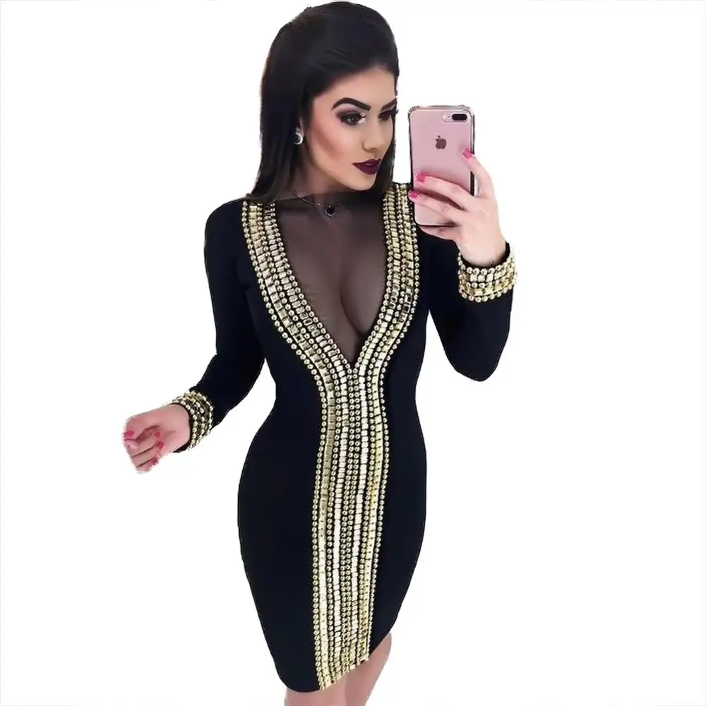 

High Quality Black Long Sleeve Mantual Beading Rayon Bandage Dress Sexy Evening Party Bodycon Dress