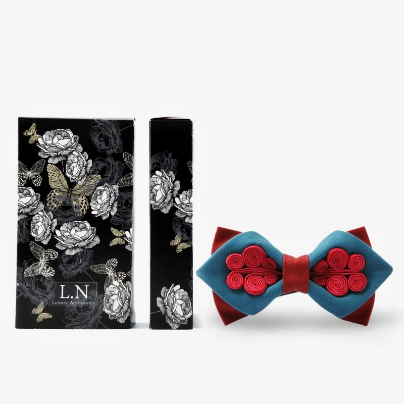 Мужской галстук бабочка темно синий винно красный в китайском стиле свадебный