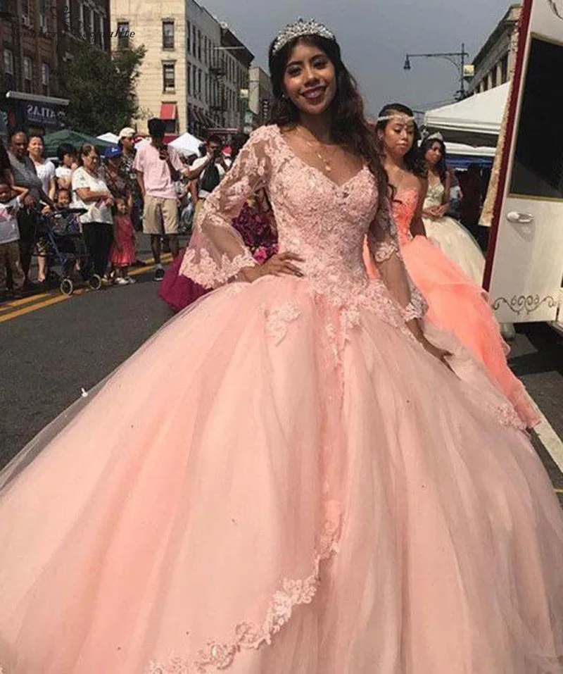 Милые 16 Платья с длинным рукавом кружевные Дешевые Бальные платья Vestido de Debutante Para 15 anos розовые Бальные платья для 15