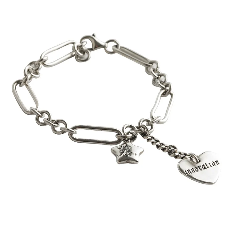 Leouerry 925 Sterling Silver Vintage Heart Star Thick Chain Bracelets for Women Exaggerated Jewelry Charms Bracelet | Украшения и