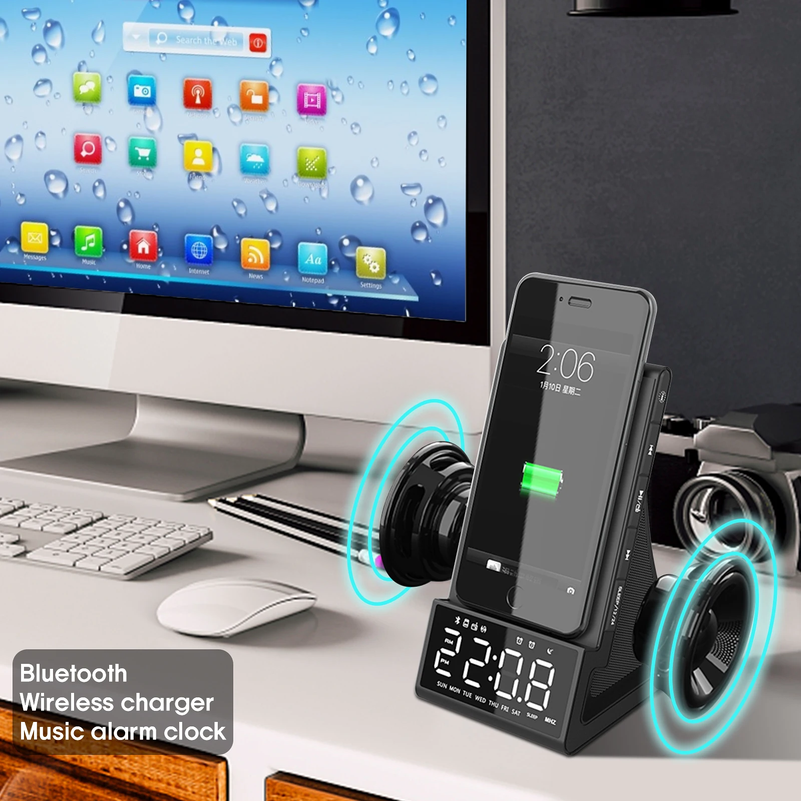 3 in 1 Multi-purpose Wireless Charger Alarm Clock Bluetooth Speaker LED Smart Digital Clock Table Desktop FM Radio Fast Charger