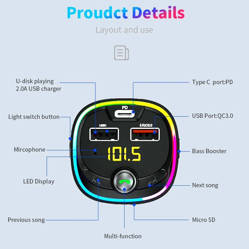 Автомобильный FM-передатчик Bluetooth 5 0 20 Вт PD Type-C 2 порта USB зарядное устройство для