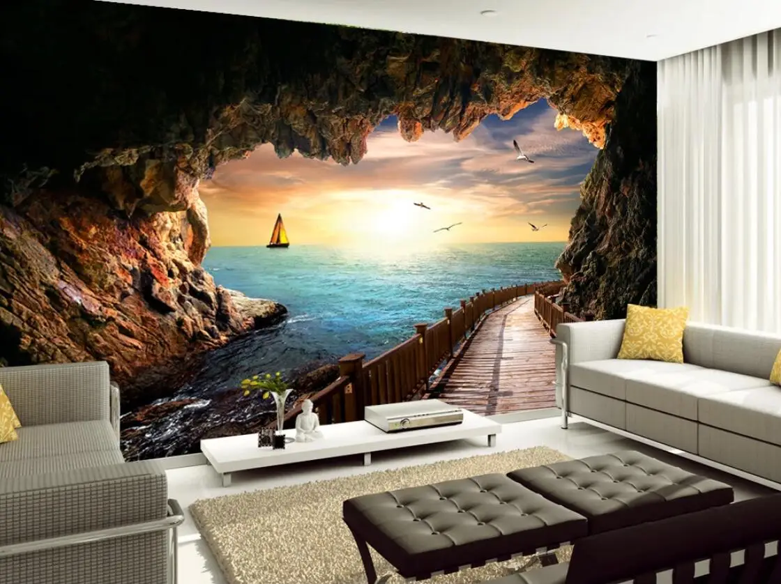 

Canvas Wall Mural Sunset Seascape From Cave Long Gallery Photo Wall Paper HD Print 3D Wallpaper for Walls Custom