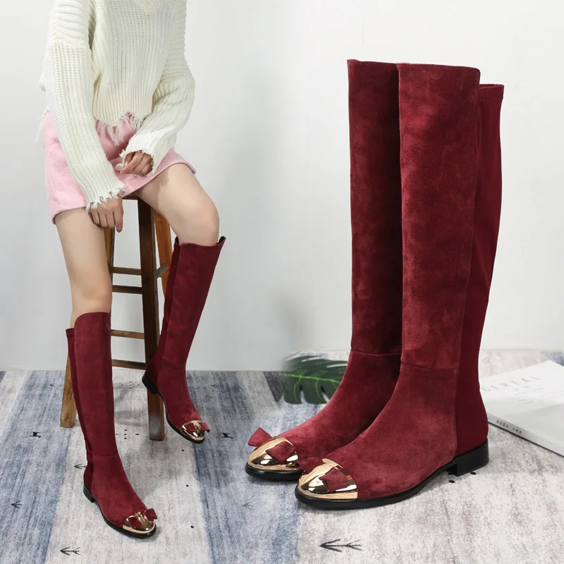 Bow Boots Women Winter Mujer Low Heels Shoes Cow Suede Boat Feminina Knee | Обувь