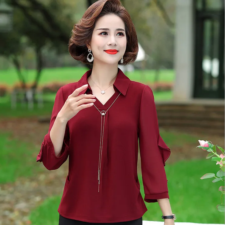 

Women Spring Autumn Style Chiffon Blouses Shirts Lady Casual Ruffled Three Quarter Sleeve Chiffon Blusas Tops Mother Clothes