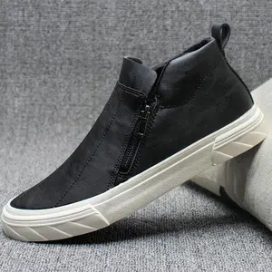 Обувь, черные кожаные туфли, мужские модные высокие зимние теплые мужские повседневные кроссовки с боковой молнией, женская обувь