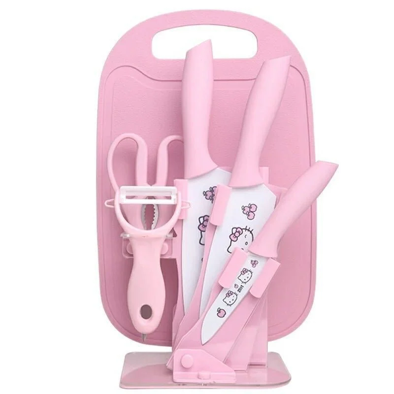 

6pcs Cute Stainless Steel Kitchen Tools Set With Knife Holder Pink Fruit Knife Grater Chicken Bone Scissors Plastic Household