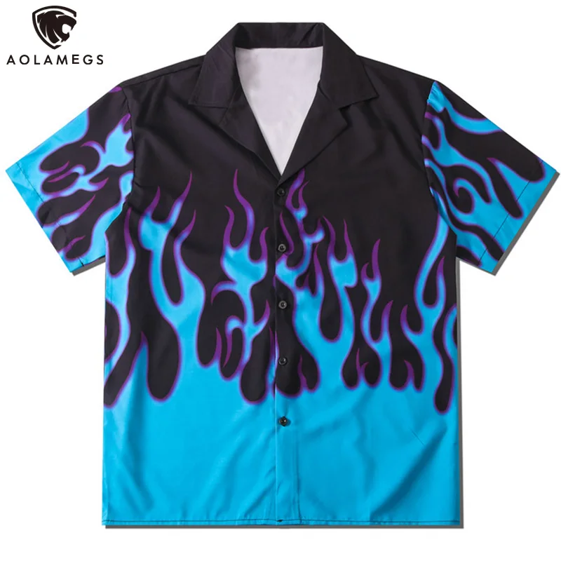 

Aolamegs Hip Hop Shirts Men Diablo Flame Print Summer Casual Beach Hawaiian Shirts Couple Fashion High Street Streetwear Unisex