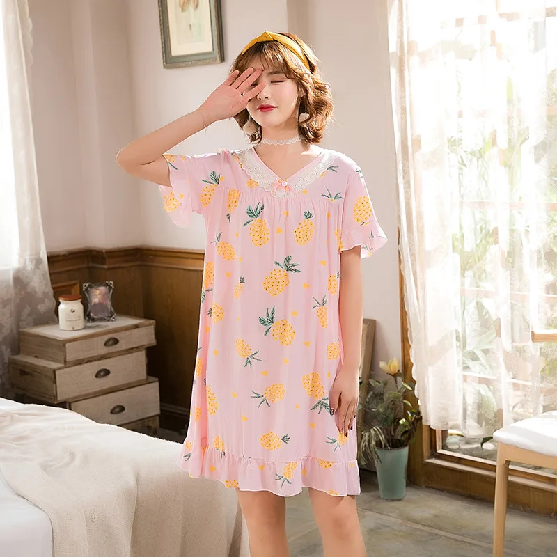 

Nightgowns Women Print Sweet Korean Style V Neck Short Sleeve Ladies Mini Homewear Loose Night Dress for Female Fashion 2021