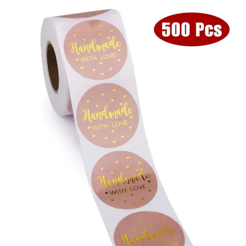 

500pcs/roll Handmade with Love Stickers Gold Foil Round Seal Labels Stationery X6HD