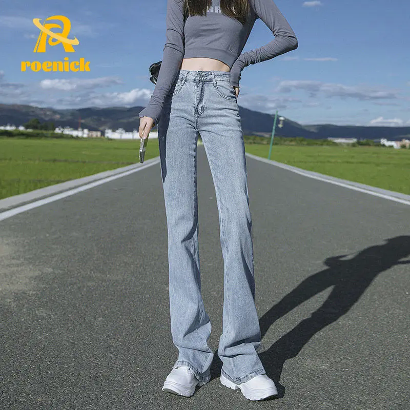 

ROENICK Women High Waist Flare Mom Jeans Korean Fashion Stretch Loose Baggy Trousers Blue Slim Straight Pants Casual Clothing