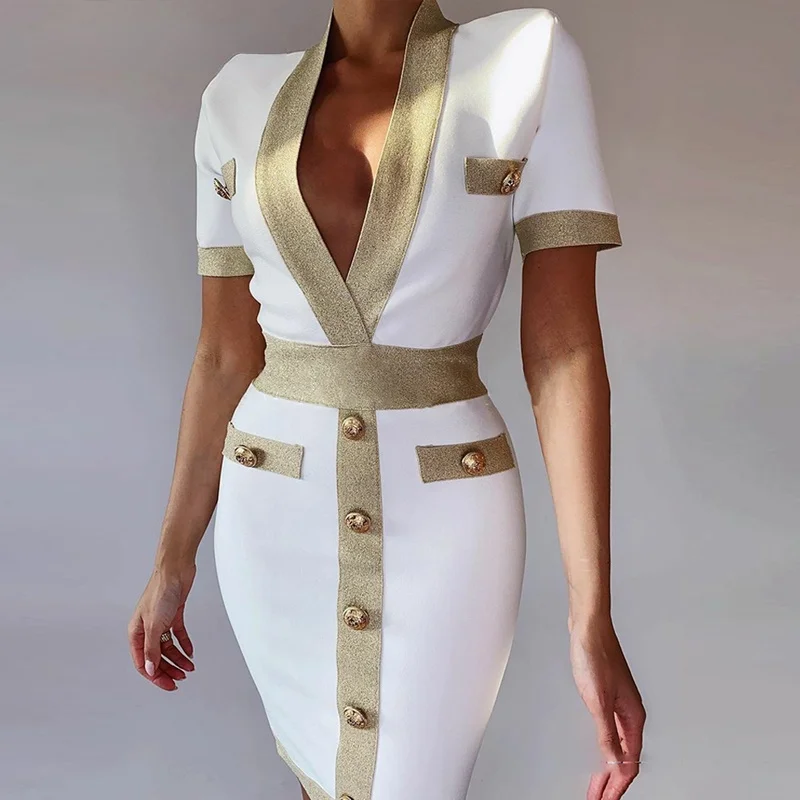 

Women White Elegant Sexy V-neck Sequin Patchwork button Bodycon Party Dress