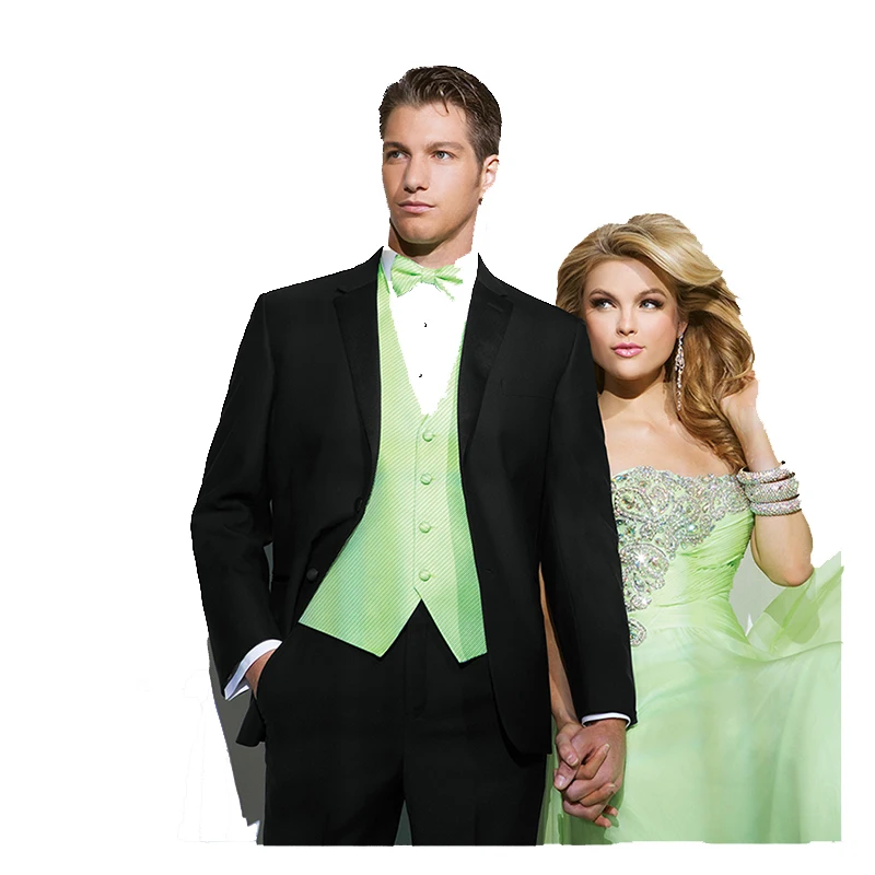 Смокинг для жениха на заказ черные костюмы с жилетом в зеленую полоску