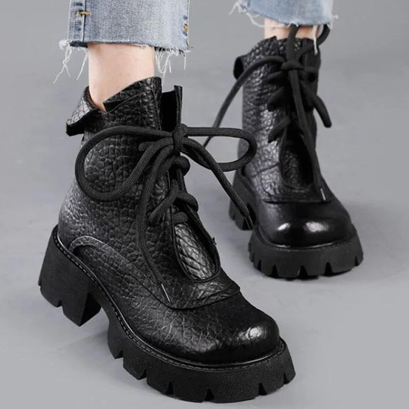 

Lace-up Winter Shoes Real Genuine Leather Women Boots 2021 New Lady Leisure Round Toe Handmade Sewing Comfortable Platform Boots