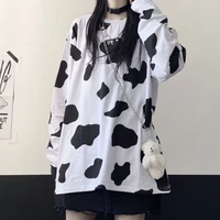 cotton long sleeve t shirt female 2021 new korean version retro cow harajuku girl middle long loose student top korean