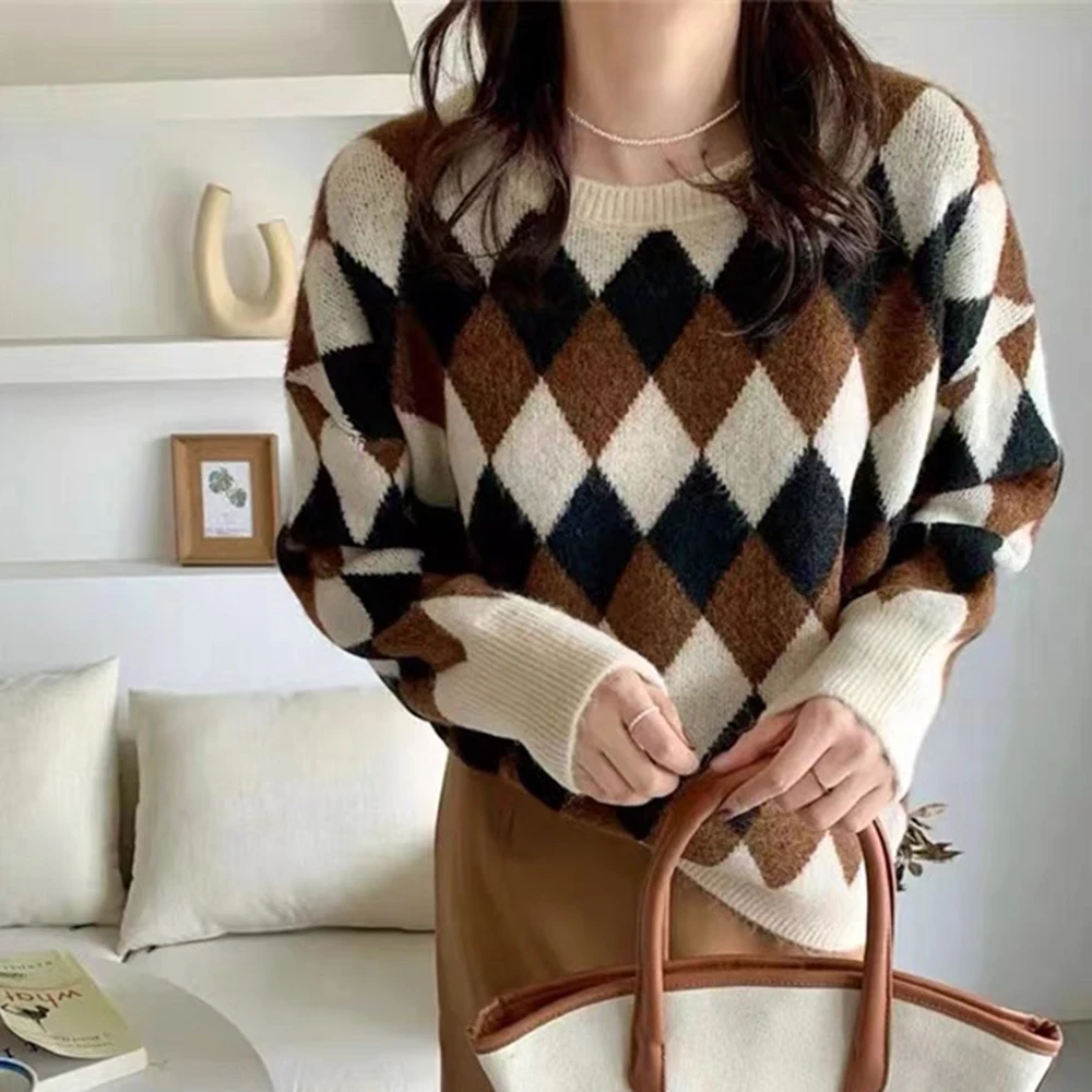 

Женский вязаный пуловер с круглым вырезом, Свободный Повседневный свитер с длинными рукавами в Корейском стиле ретро, Осень-зима 2021