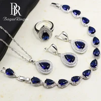bague ringen water drop shaped sapphire silver 925 jewelry sets for women blue gemstones ring earrings necklace bracelet wedding