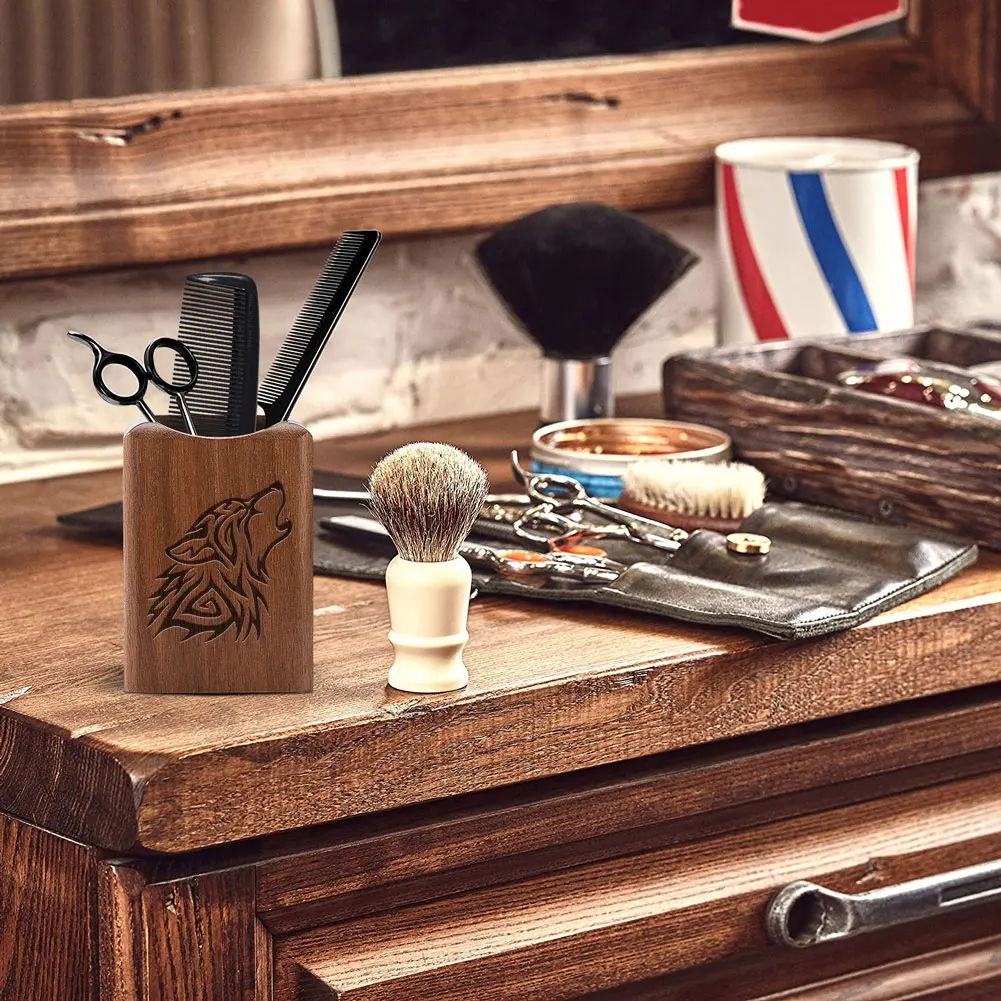 

Beech Black Walnut Wooden Pen Holder Multi-function Wolf Pattern Desktop Organizer Stationery Pencil Storage Box for Home Office