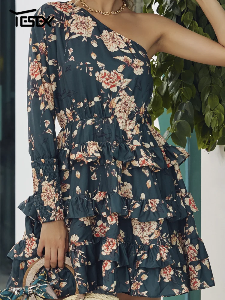 

Yesexy 2021 Sexy One Shoulder Floral Print Dress Women Backless Ruffles Women Mini Dress Boho Beach Dress Summer Vestidos M0175